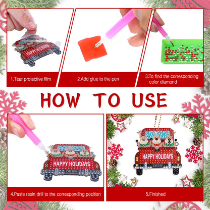 AnyDesign 12Pcs Christmas Diamond Art Keychain DIY Handmade Truck Santa Snowman Gem Painting Pendant Rhinestone Mosaic Making Full Drill Diamond Key Chain for Crafts Gift