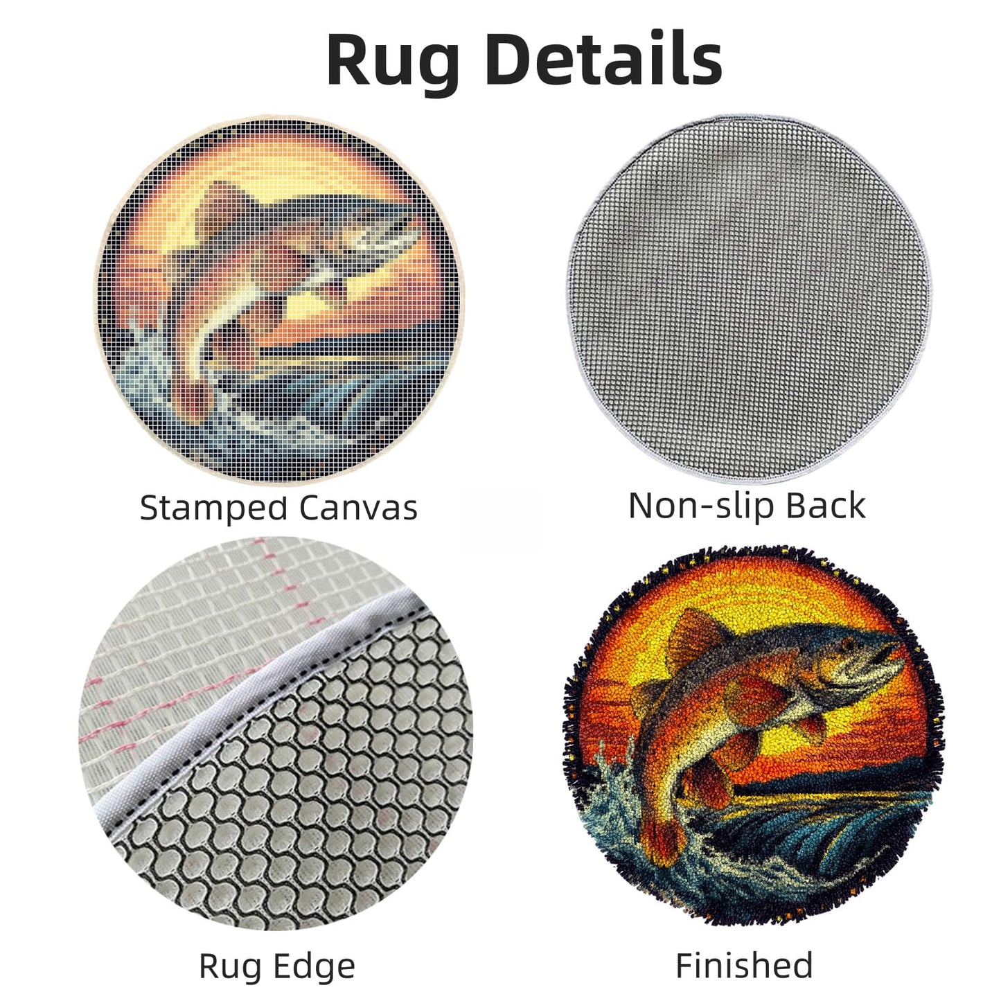 Latch Hook Rug Kit for Adults Trout Fish Jumping Out River and SunsetStamped Handmade Round Shape Carpet Crochet Yarn Craft DIY Hook and Latch Door Mat Tapestry for Home Floor Decor 50x50cm(6)