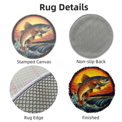 Latch Hook Rug Kit for Adults Trout Fish Jumping Out River and SunsetStamped Handmade Round Shape Carpet Crochet Yarn Craft DIY Hook and Latch Door Mat Tapestry for Home Floor Decor 50x50cm(6)