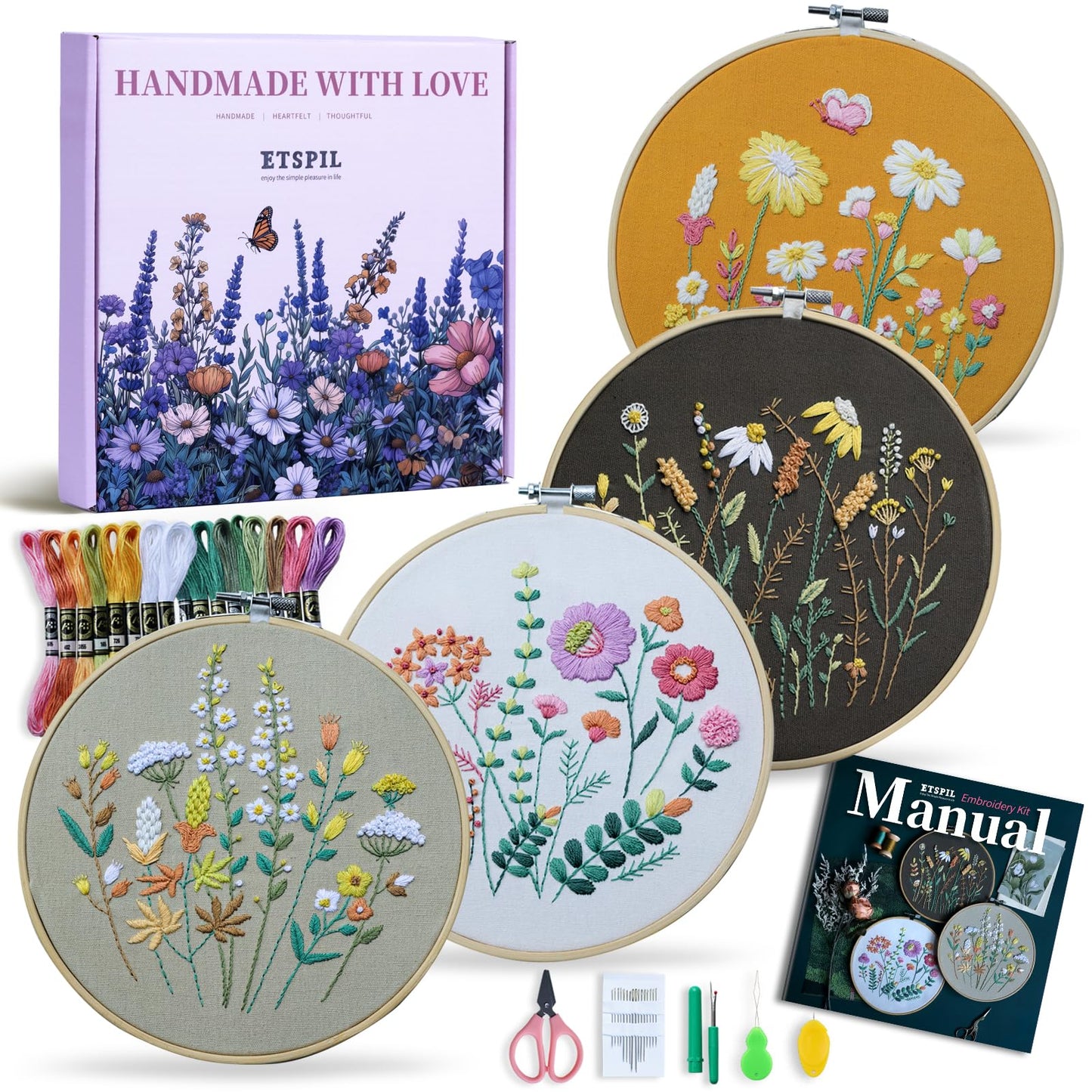 ETSPIL Embroidery Starter Kit for Adults, 2 Hoops & 4 Stamped Flower Patterns, Easy Craft for Sharing, Master 11 Stitches via 4K Videos, DIY Gift for Women, Friends and Beginners