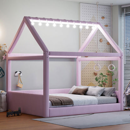 Merax Modern Upholstered House Bed, Floor Upholstered Sofa Daybed with Wood Slat Support,Platform Bed Frame with Headboard/Full, Pink