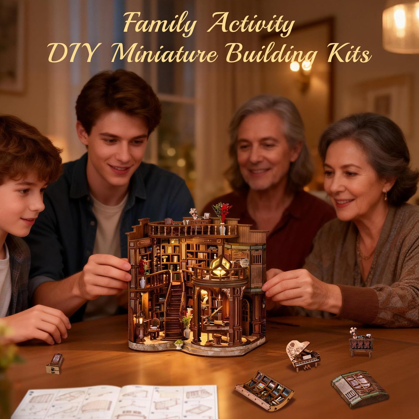 SUNNINO Book Nook Kits for Adults, DIY Miniature Dollhouse Kit 3D Wooden Puzzles for Adults and Beginners with Led Light, Book Nook Bookshelf Decor Craft Gifts for Family Friends (Dreamy Book Hall)