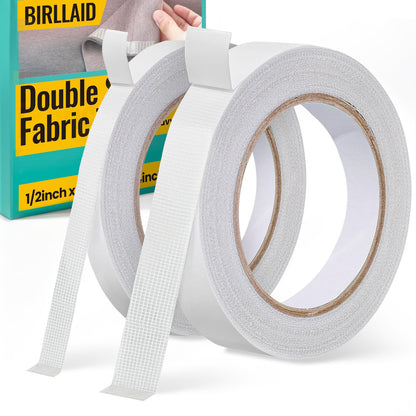 Birllaid Premium Double-Sided Fabric Tape Combo Pack - 1/2 + 3/4inch x 49 FT, No Sew No Iron Required, Strong Adhesive for Clothing Alteration, Hem Pants, Quick Repair, DIY Crafts (2 Rolls, White)