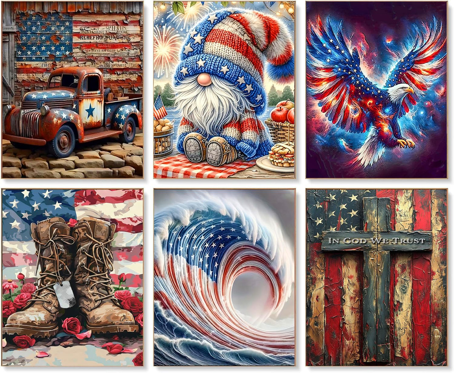 Clendo 6 Pack Independence Day Diamond Art Kits for Adults - 4 of July Patriotic Diamond Painting for Adults, Full Drill 5D Diamond Dots Gem Painting Kit for Wall Home Decor Arts Craft 12x16 inch