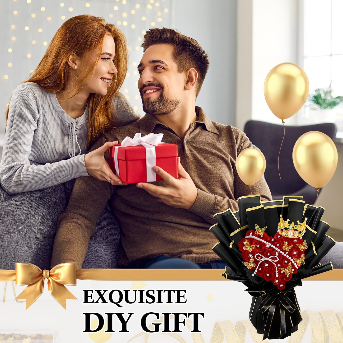 Daifunli 196 Pcs Graduation Gifts DIY Glitter Roses Bouquet Kit Artificial Flower Bouquet Kit Grad Birthday Gifts Flower Wrapping Paper 3D Butterflies Crowns for Grad Wedding Anniversary(Red)