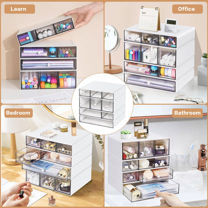 FODIENS Desk Storage Organizer with 9 Drawers, 4 Tiers Stackable Desktop Craft Storage Drawers, Clear Storage Box Caddy for Stationary Makeup Jewelry Office Craft Supplies (White)
