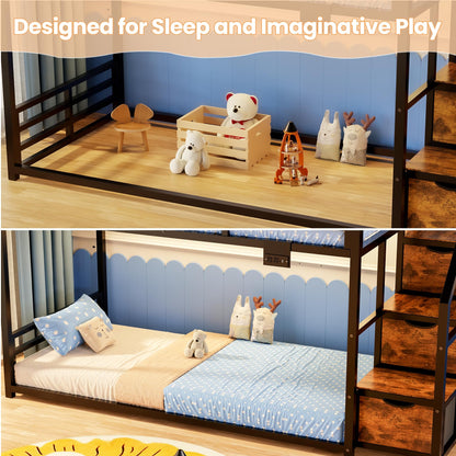 Low Bunk Bed Twin Over Twin with Storage Staircase, RGB LED Lights, Drawers & Shelves, Metal Bunk Beds for Kids with Power Outlet, Double Full-Length Guardrails & Metal Slats for Small Space, Black