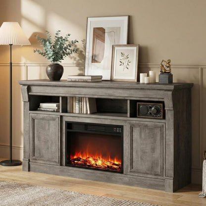 GarveeLife 58" Fireplace TV Stand for TVs Up to 65, Modern Farmhouse Entertainment Center with 30'' Electric Fireplace, Remote Control Realistic 3D Flame, Media Console with Storage Shelves, Gray