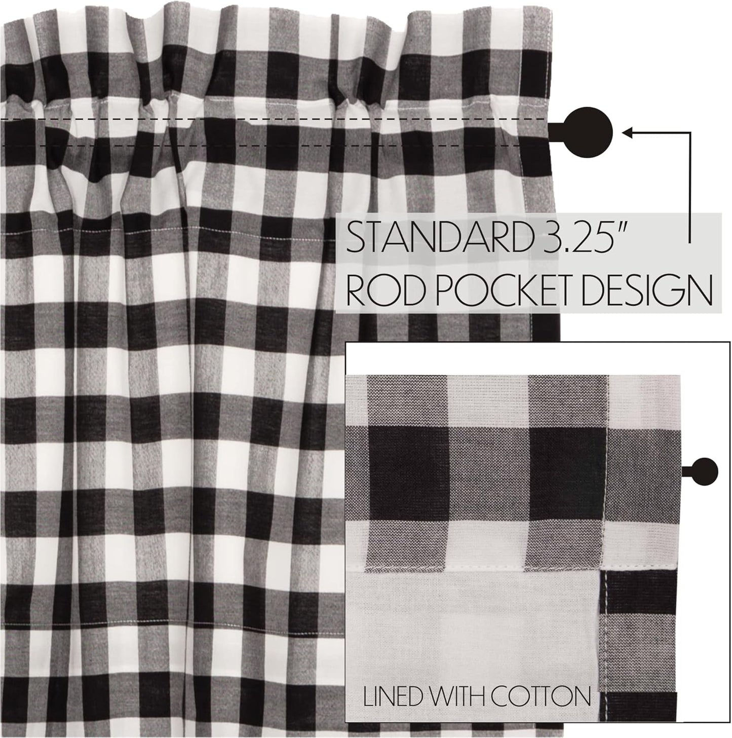 VHC Brands Annie Buffalo Check Cotton Farmhouse Kitchen Curtains - Rod Pocket 16x72 Valance, Black