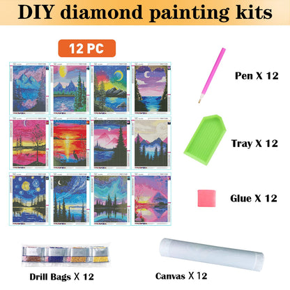 TINY FUN 12 Pack Diamond Painting Kits for Adults 5D Diamond Art Kit Paint by Number for Beginners, DIY Paint with Round Full Drill Diamonds Paintings Gem Art for Home Wall Decor Gift (12X16 Inch