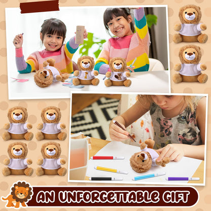 Blueweenly 64 Pcs Make Your Own Stuffed Animal Lion Kit Including 6 Inches Soft Lion Plush with White T Shirt and 12 Colors Pens for Birthday Favors Forest Party Crafting Gifts