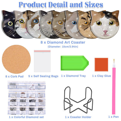 Billbotk 8 Pieces Diamond Painting Coasters Kit with Holder, Diamond Art Coasters, DIY Diamond Art Crafts Projects, Diamond Dot Kits for Adults and Beginners(Cat Style)