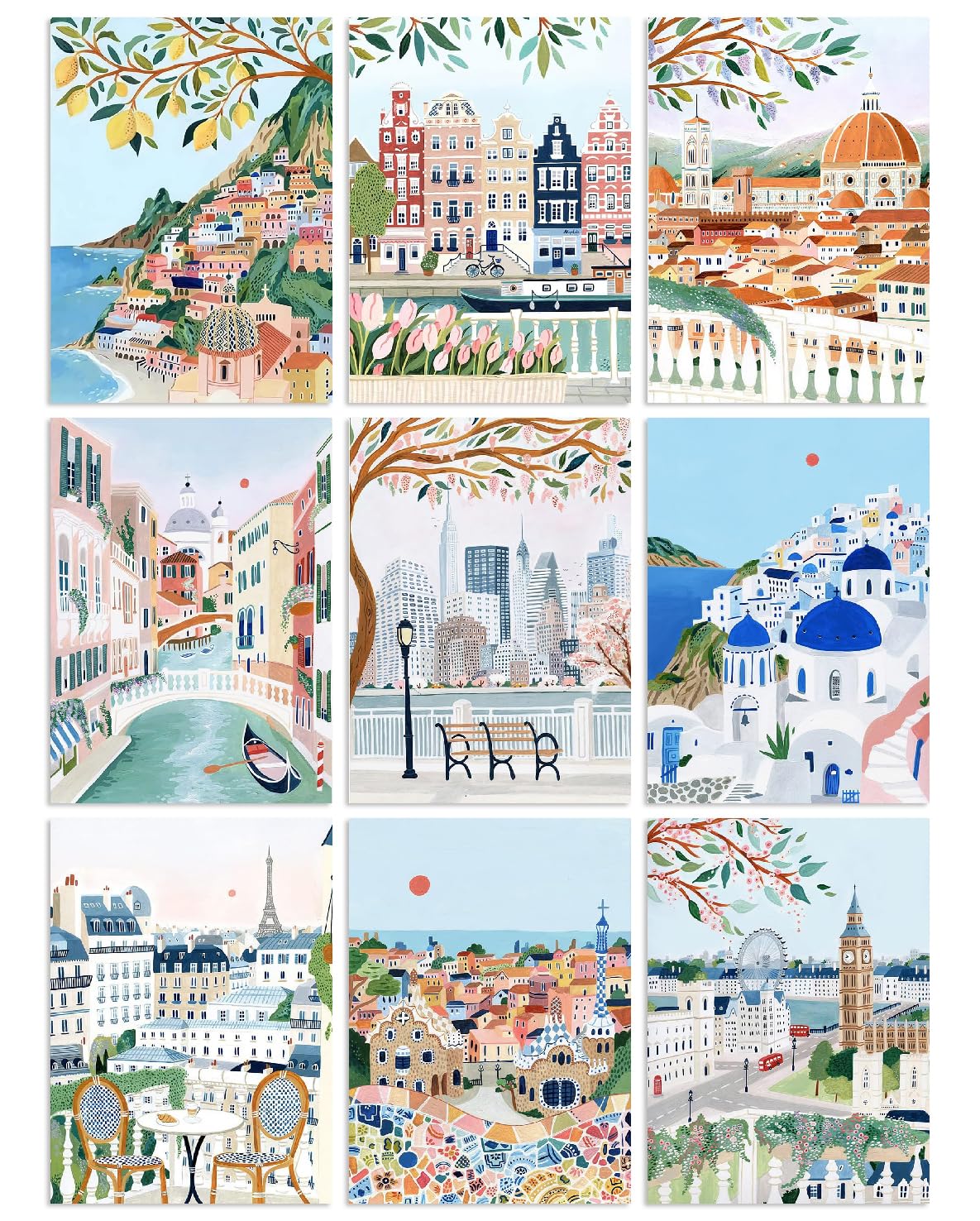 KICHANG 9 Packs Paint by Number for Adults, Scenery DIY Acrylic Oil Painting Paint by Numbers Kits on Canvas, Adults Paint by Numbers Kits Drawing Paintwork for Home Decor Gift Cityscape 12x16in