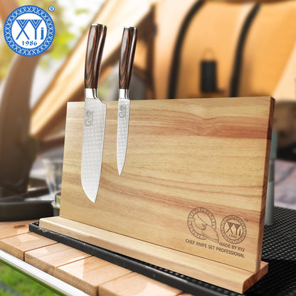 XYJ Authentic Since 1986, Magnetic Knife Block, Double Side Kitchen Knife Stand, Acacia Wood, Magnetic Knife Holder with Strong Enhanced Magnets,Knives Storage Rack Stand for Home Kitchen