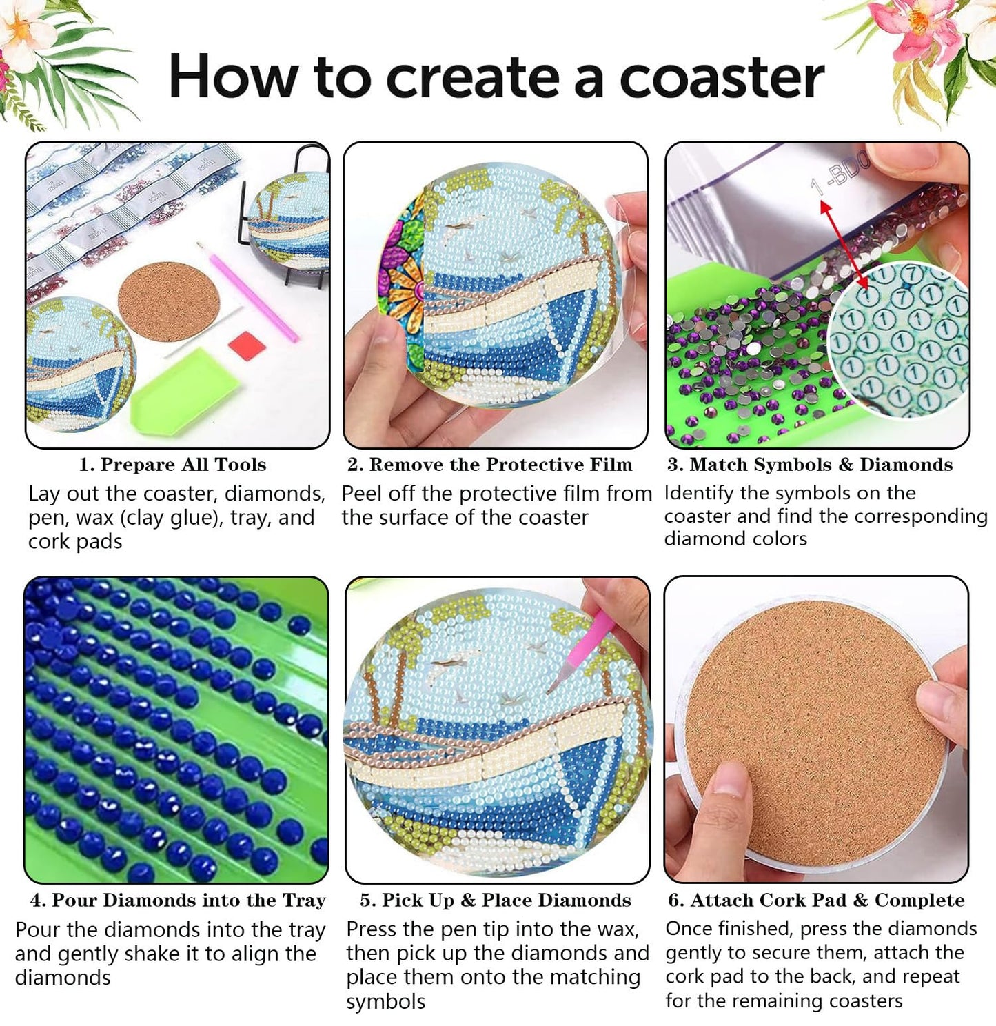 croshom Ocean Diamond Art Coasters Kits, 8 Pieces Ocean Diamond Painting Coasters with Holder, Diamonds Art Painting Kits for Adults, 5D DIY Wooden Coaster for Gift