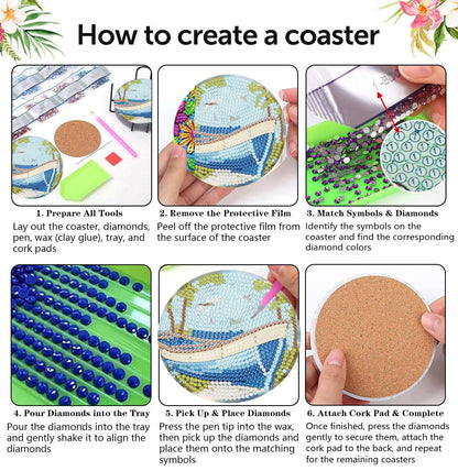 croshom Ocean Diamond Art Coasters Kits, 8 Pieces Ocean Diamond Painting Coasters with Holder, Diamonds Art Painting Kits for Adults, 5D DIY Wooden Coaster for Gift