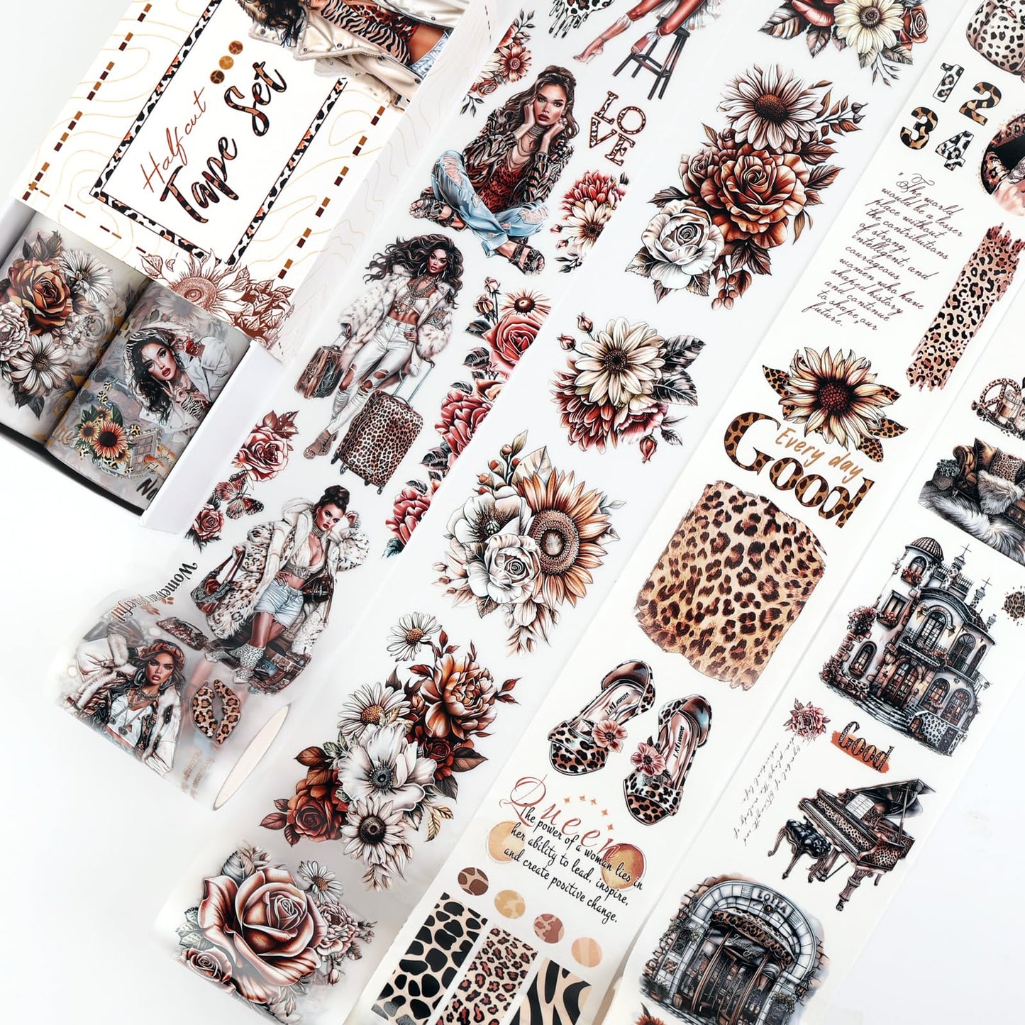 Dizdkizd Washi Tape Set, 4 Pre-Cut Animal Print PET & Washi Tapes Stickers with Diverse Sexy Women, Flowers, Adult Journaling Supplies for Collage Scrapbooks Craft Project