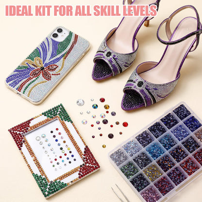 Whimsibelle 20000 Pcs Glass Hotfix Rhinestones for Bedazzling Mixed 24 Colors SS10, 12 Colors SS16, Bedazzling Kit Flatback Crystal AB Rhinestone with 2 Picking Pen 1 Tweezer for Crafting, Cloth, Nail