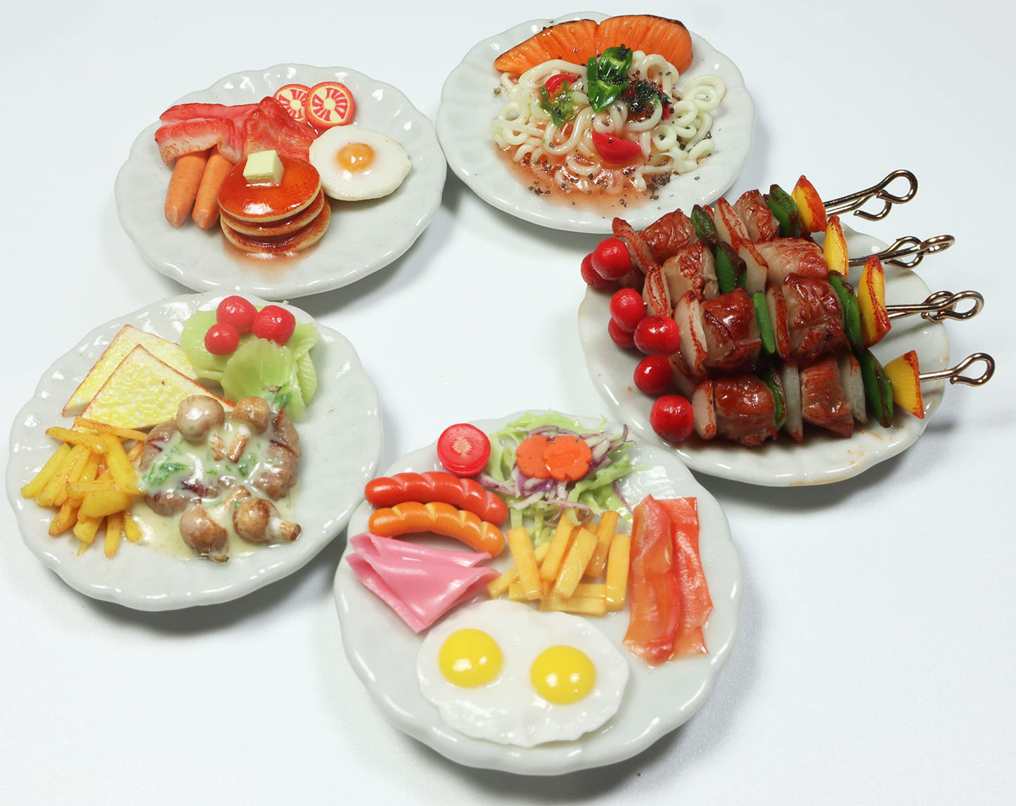 5 Assorted Miniature Breakfast Food Set – Pancake, Barbecue Grill, and Spaghetti – Handcrafted Dollhouse Miniature Food on Ceramic Plates 1.3” Diameter, 1/6 Scale, Handmade Realistic Mini Food Decor