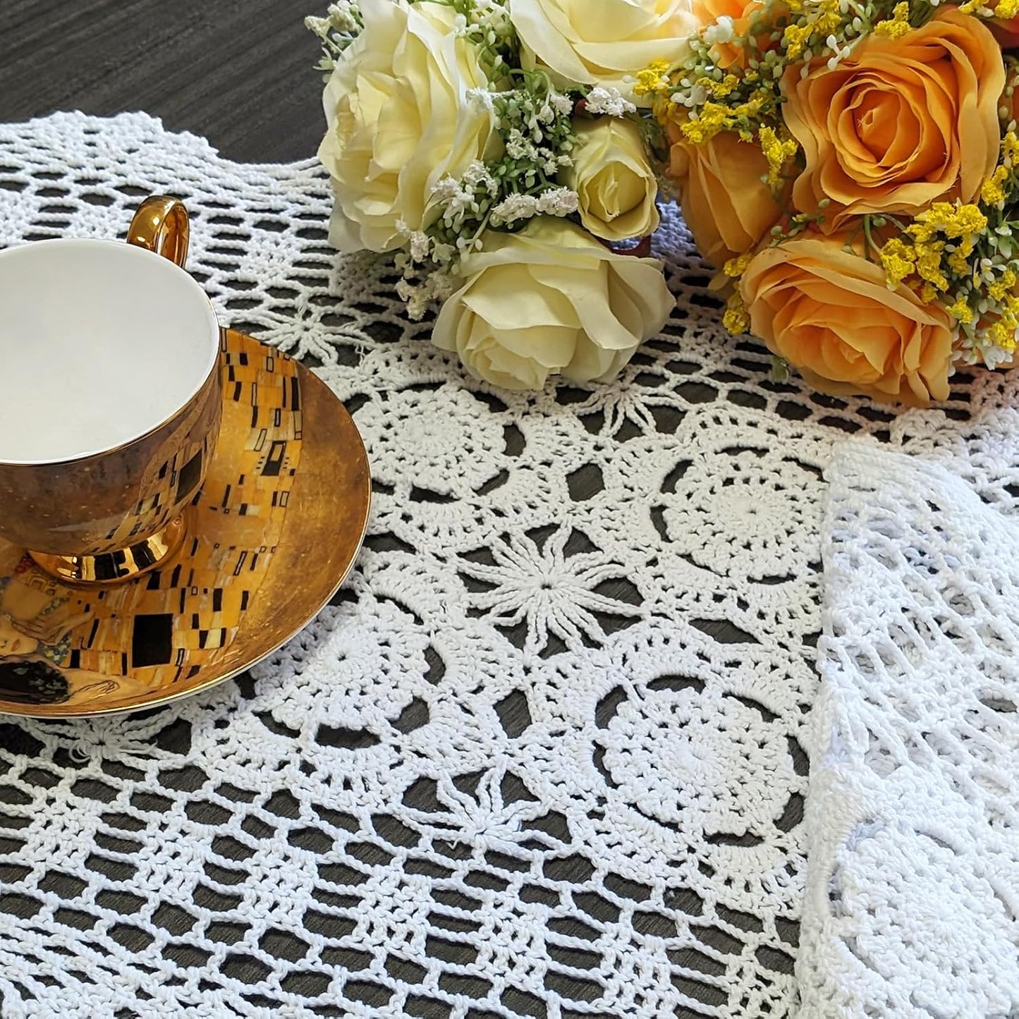 15.7"x47" USTIDE Handmade Crochet Table Runner White Rectangular Cotton Lace Table Runners Table Doily for Dresser