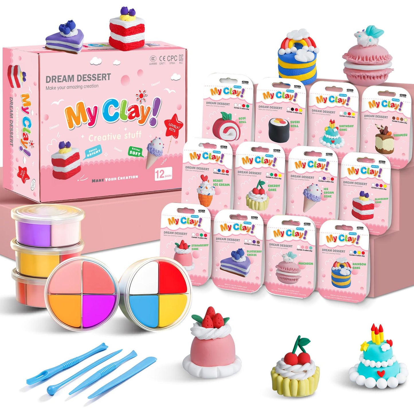 Air Dry Clay Kit, Modeling Clay for Kids, 12 Pack Dessert Theme, Soft & Non-Sticky, Non-Toxic DIY Art & Craft with Sculpting Tools & Tutorials, Birthday Holiday Gifts for Ages 4-12 Boys & Girls