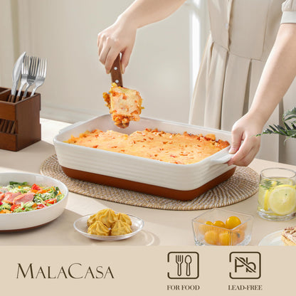 MALACASA Baking Dish with Rack, 4.8 Qt Ceramic Roasting Pan with Stainless Steel Drip Rack, 9x13 Inch Deep Casserole Dish with Handles, Oven Safe Lasagna Pan for Baking & Serving (Khaki & White) - Series Tara