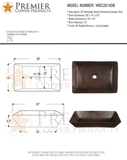 Premier Copper Products Rectangle 20 in. Hammered Copper Vessel Sink in Oil Rubbed Bronze VREC2014DB