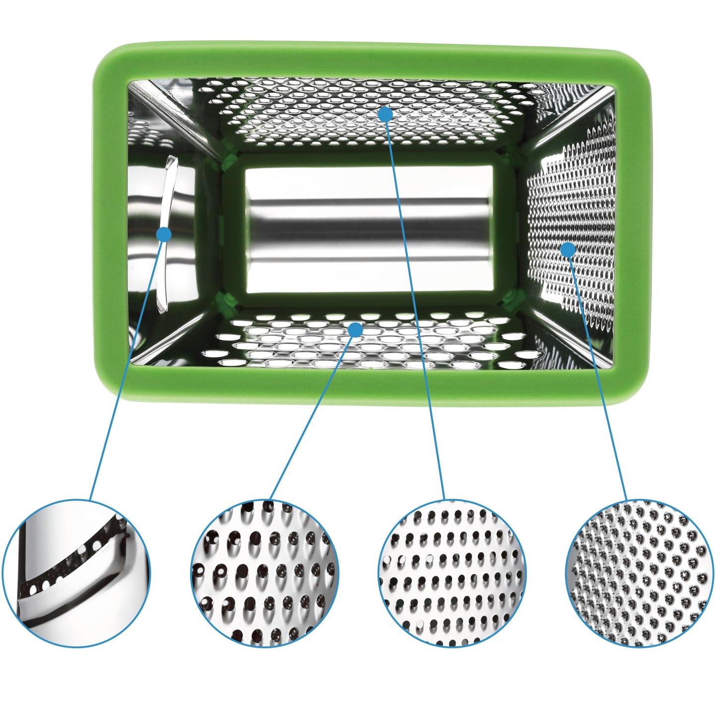 Spring Chef Green Professional Stainless Steel XL Parmesan Cheese Grater with Handle - 4 Sided Box Grater for Kitchen - Dishwasher Safe Food Shredder for Carrot, Potato, Vegetables, Ginger, Hash Brown