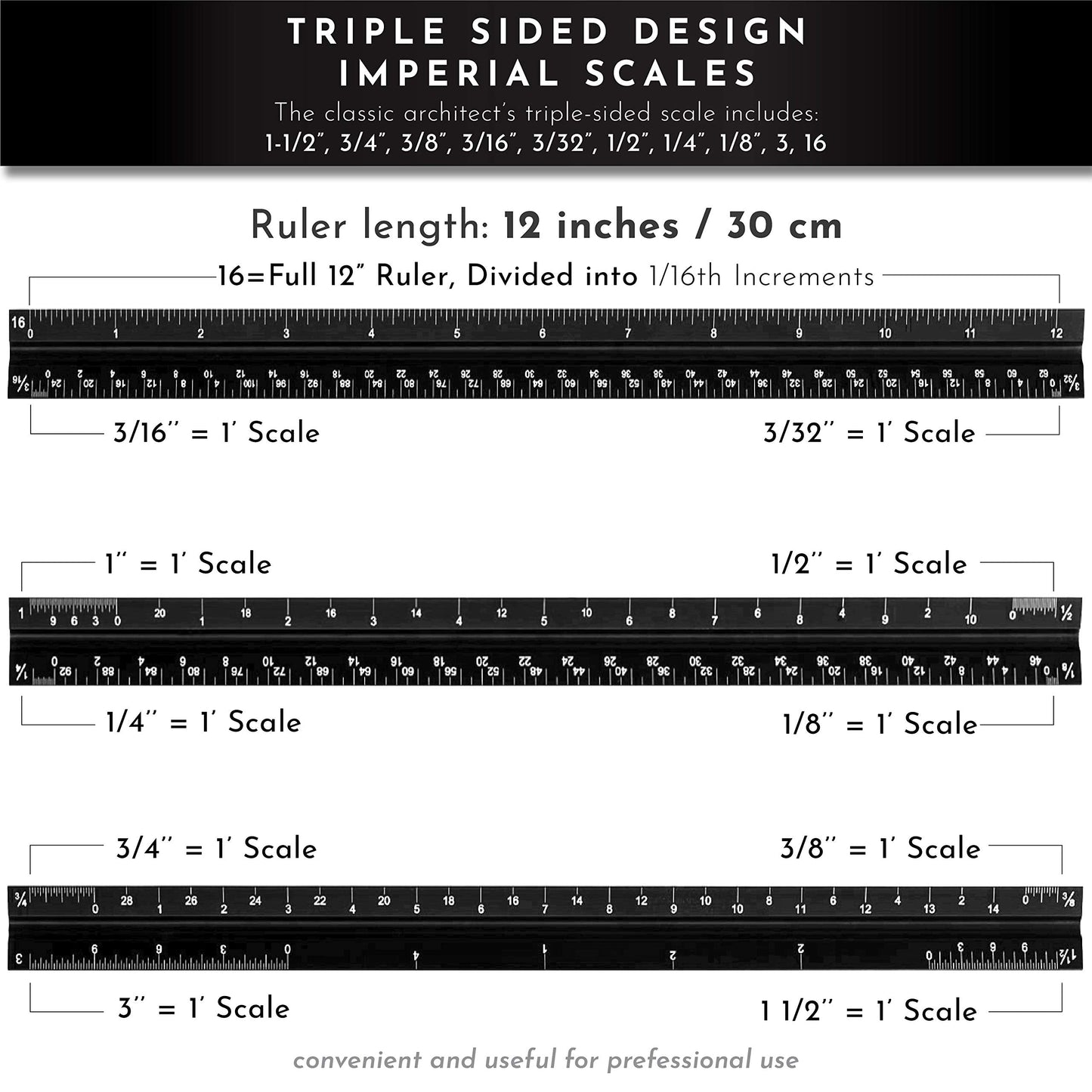 12-Inch Architectural and Engineering Scale Ruler Set (Imperial) | Laser-Etched Aluminum Triangular Drafting Tool | for Architect and Civil Engineer Blueprints | Standard Metal Ruler Included