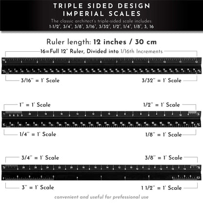 12-Inch Architectural and Engineering Scale Ruler Set (Imperial) | Laser-Etched Aluminum Triangular Drafting Tool | for Architect and Civil Engineer Blueprints | Standard Metal Ruler Included