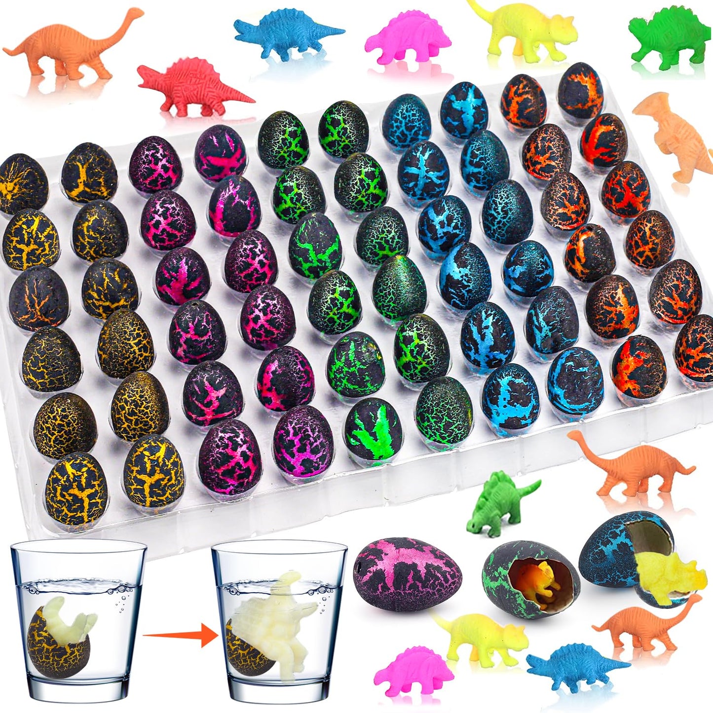 60PCS Small Hatching Dinosaur Eggs for Dinosaur Birthday Party Favors Summer Goodie Treat Bag Stuffers Classroom Carnival Prizes Bulk Pinata Fillers Novelty Grow in Water Dino Eggs with Toys Inside