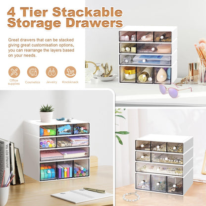 MYKASEN Desk Organizer with 9 Drawers, 4 Tier Plastic Stackable Storage Drawers for Desk Storage, Office Stationary Makeup Organizer Suit for Home, Office and School