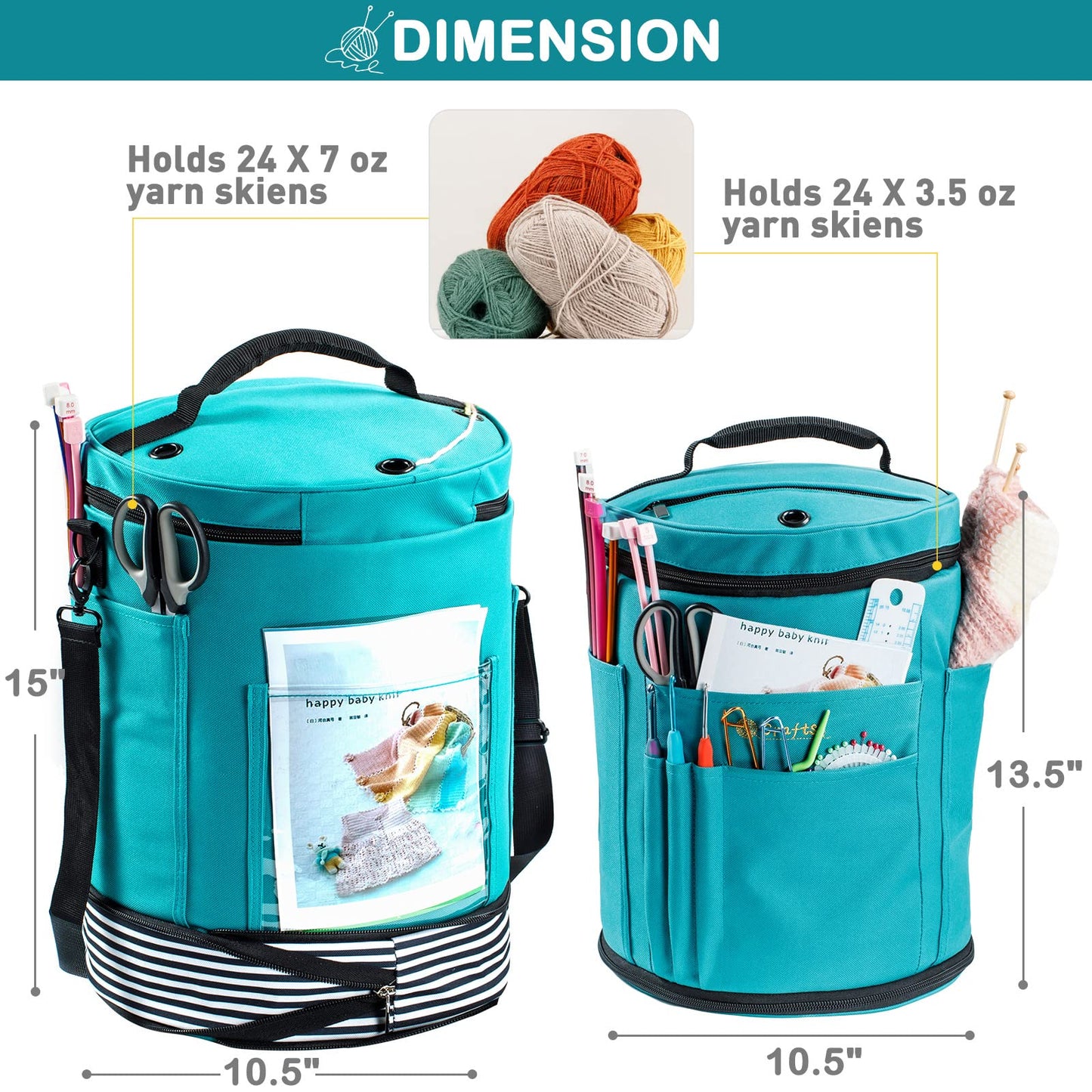 MYBAGZING Expandable Yarn Storage Organizer, Crochet Bag & Yarn Tote with Zipper Closure, Yarn Holder for Crocheting and Knitting for Yarn Skeins, Hooks, Needles,Accessories – Gift for Crafters