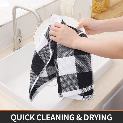 Homaxy Kitchen Towels and Dishcloths Set, 12 x 12 and 13 x 28 Inches, Set of 8 100% Cotton Waffle Weave Check Plaid Kitchen Dish Towels, Super Soft and Absorbent Dish Cloths, White & Black