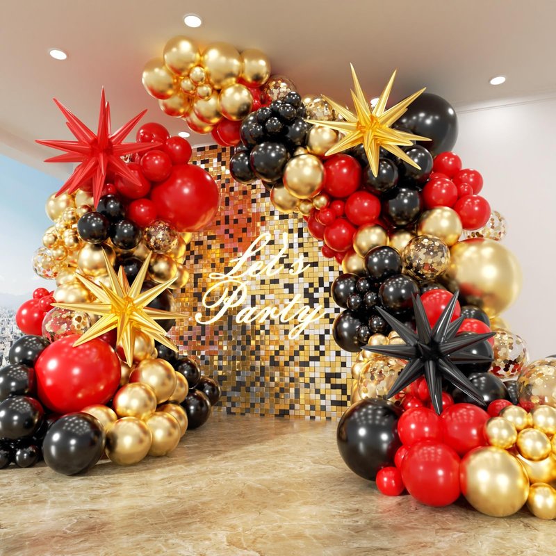 PTGOLUO 153Pcs Red and Black Gold Balloons Garland Arch Kit with Stars - 22 18 12 10 5 inch Different Latex Balloons for Anniversary Casino Night Hollywood New Years Movie Night Prom Party Decorations