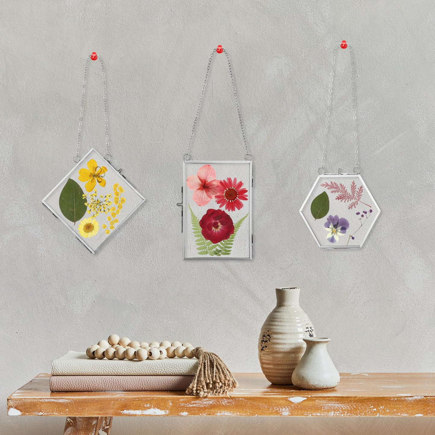 Bucherry 5 Pcs Glass Frame for DIY Pressed Flowers Art Hanging Photo Picture Frame with Chain and 6 Styles Pressed Flowers Collage Glass Craft Frames for Wall Decor Display Gallery (Silver)