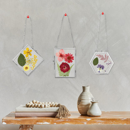 Bucherry 5 Pcs Glass Frame for DIY Pressed Flowers Art Hanging Photo Picture Frame with Chain and 6 Styles Pressed Flowers Collage Glass Craft Frames for Wall Decor Display Gallery (Silver)