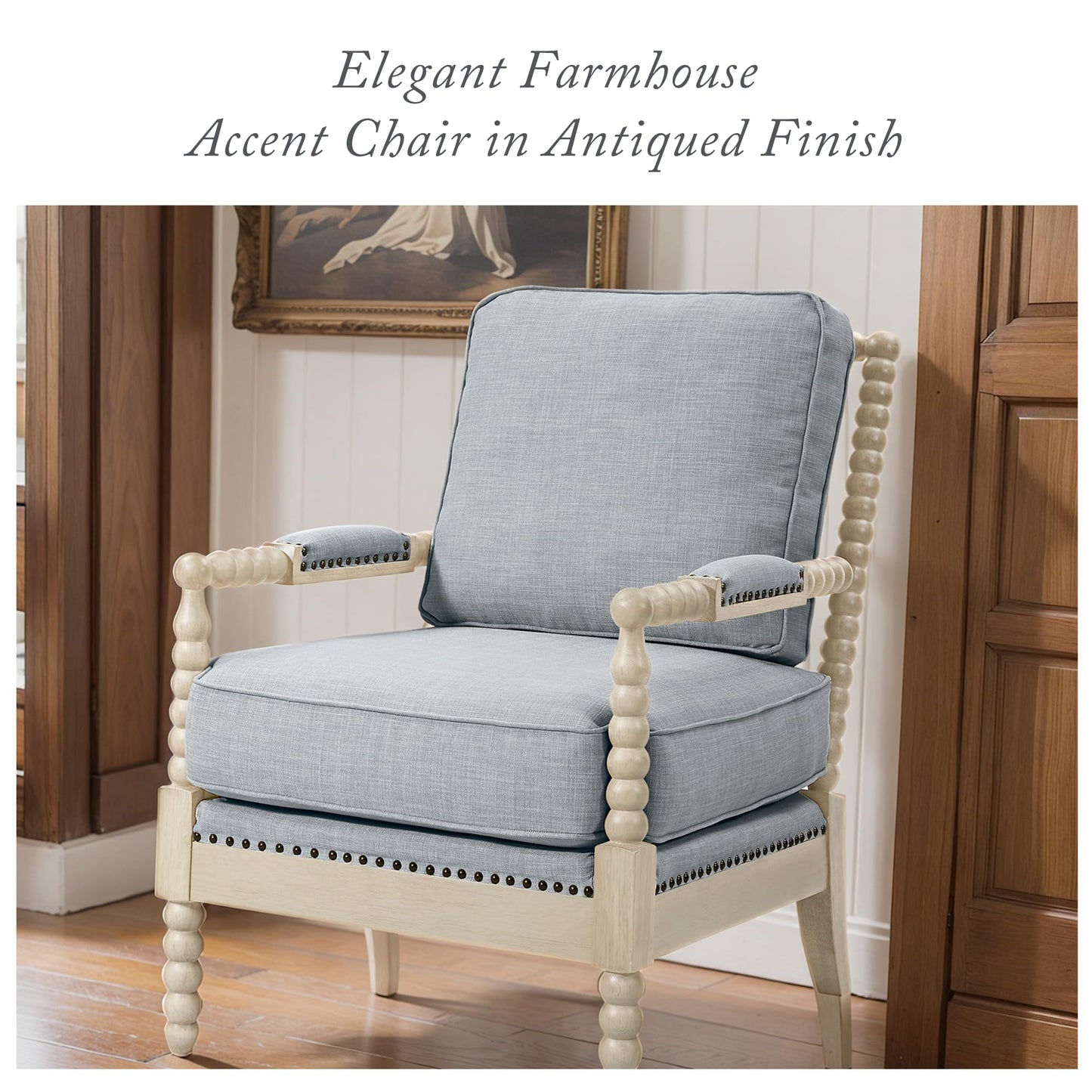 Madison Park Accent Chairs for Living Room Farmhouse Modern Armchair, Solid Wood, Antiqued Finish, Upholstered Seat Removable, Bedroom Lounge for Reading, 25.5" W, Light Blue/Antique Cream