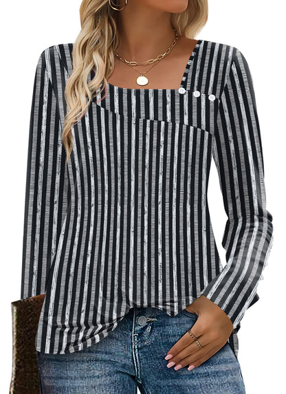 OFEEFAN Long Sleeve Shirts for Women Fall Clothes Asymmetric Square Neck Tunic Tops Decorative Buttons