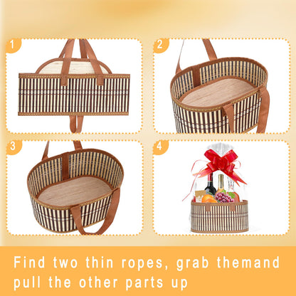 Mapaim 4 Set Bamboo Gift Baskets Empty, Foldable Woven Storage Basket with Handle, Gift Basket Kit with Wrap, Bows & Cards, Empty Gift Baskets to Fill for Baby Shower, Wedding, Holiday Gifts (Oval)