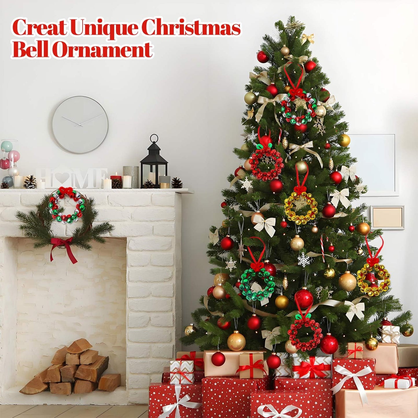 YBB 320Pcs Jingle Bell Wreath Ornaments Kit, 0.59inch Christmas Crisp Sound Bells for Craft with 20 Chenille Stems and Red Ribbon for Christmas Tree Party Decorations Kids DIY Crafts (Set of 10)