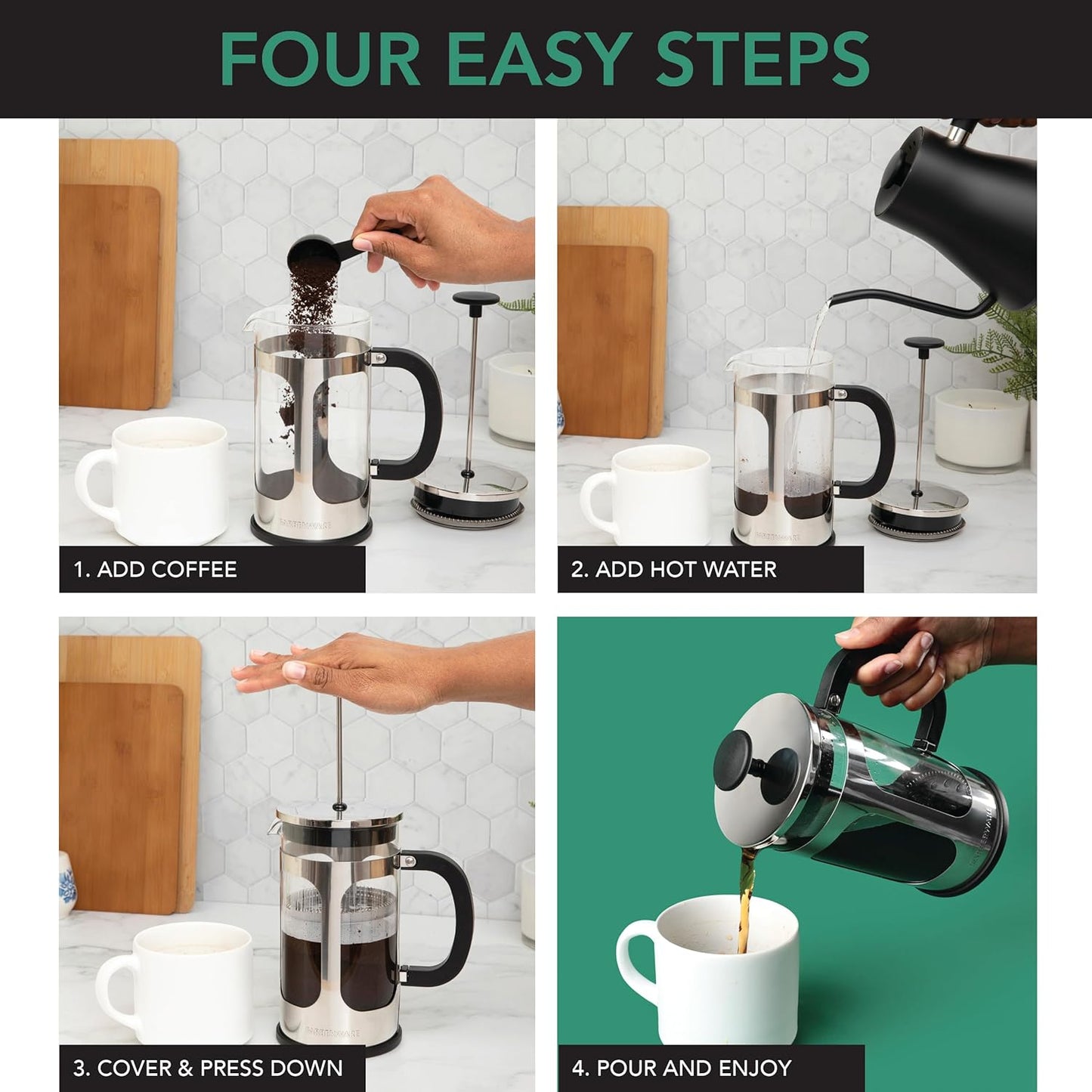 Farberware French Press Coffee Maker, 8 Cup Capacity, Stainless Steel Cold Brew Press, Borosilicate Glass