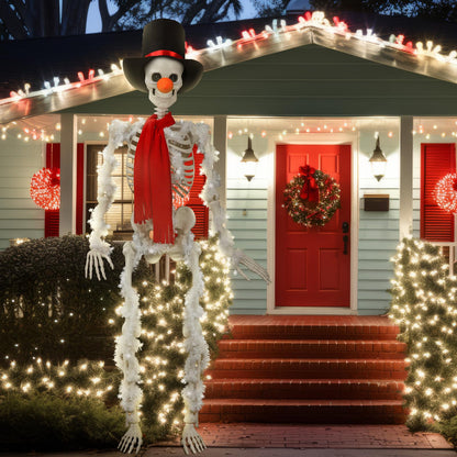 Geyoga 9 Pcs 12 ft Skeleton Christmas Snowman Costume Kit Includes Santa Top Hat, Red Scarf, Carrot Nose 6 Pcs Christmas White Garlands for Skeleton Clothes Accessories Set Winter Party Garden Decor