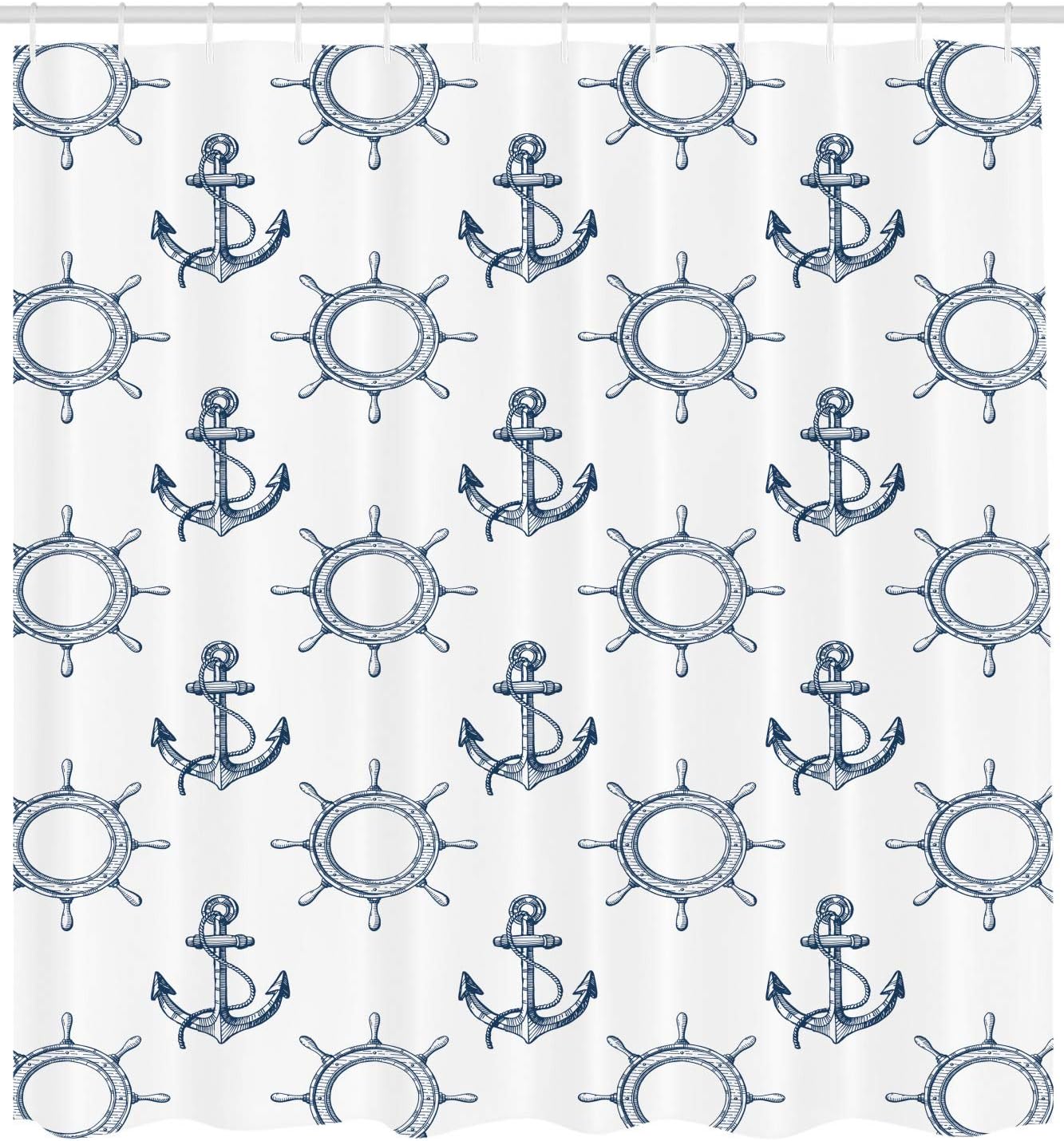 Ambesonne Ships Wheel Shower Curtain, Night Blue Anchors and Steering Wheels Pattern, Marine Themed Print, 69" W x