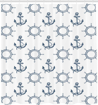 Ambesonne Ships Wheel Shower Curtain, Night Blue Anchors and Steering Wheels Pattern, Marine Themed Print, 69" W x