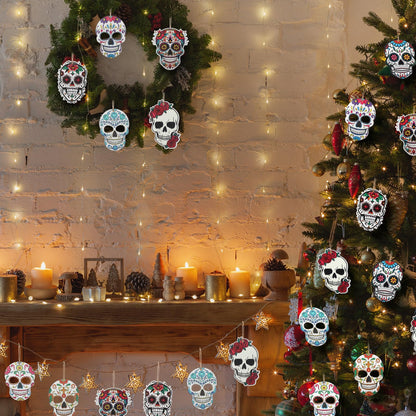 Vercraft 36 Pcs Sugar Skulls Ornaments for Christmas Tree Hanging Decoration Novelty Wood Double-Sided Printing Mexican Christmas Tree Skeleton Head Decor for Holiday Party Favor