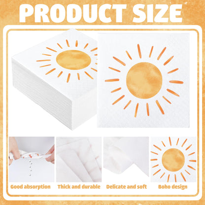 100 PCS Boho Sun Paper Napkins First Trip Around The Sun Birthday Party Napkin Boho Hippie Sunshine Disposable Luncheon Napkins for Baby Shower Birthday Party Supplies, 6.5 x 6.5 inch