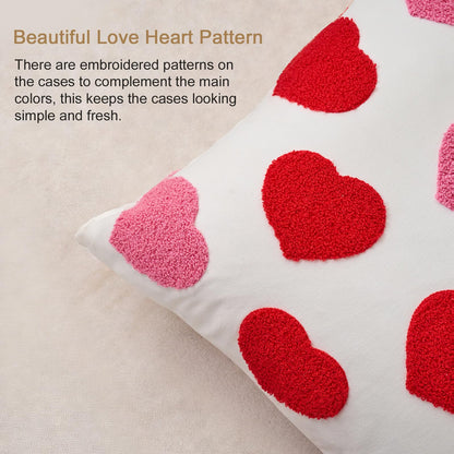 Valentine‘s Day Throw Pillow Covers Set of 2, 18x18 Inch (45x45cm) - White & Red Love Heart Embroidery Decorative Cushion Covers for Couch Sofa Bedroom, Valentine’s Gift for Her, Couples, Anniversary