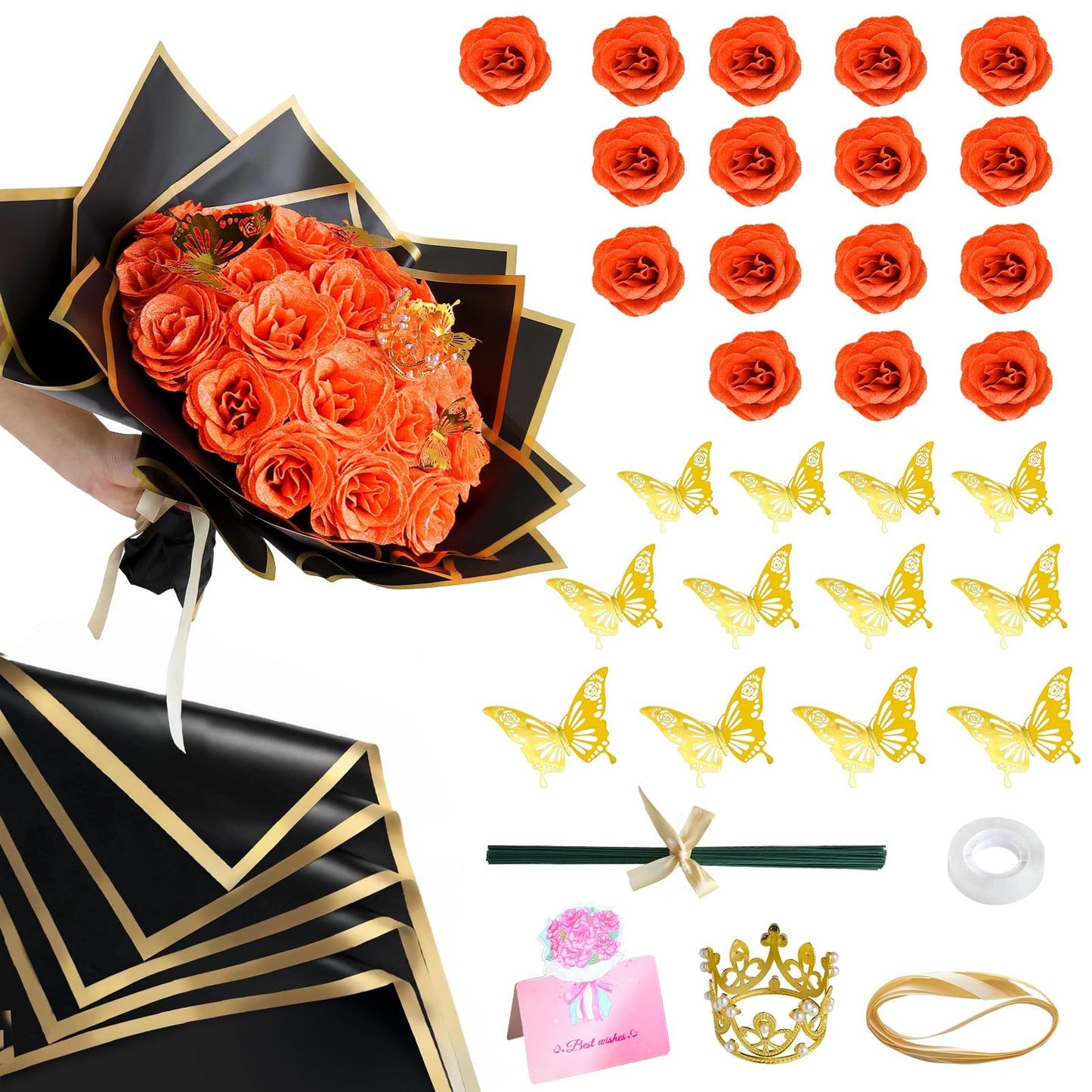 CCYXSHOW Orange Glitter Flowers Bouquet, Fake Roses Bouquet 16 Pcs DIY Glitter Rose Bouquet Kits Birthday Gifts for Women Mom Mothers Day Anniversary Graduation