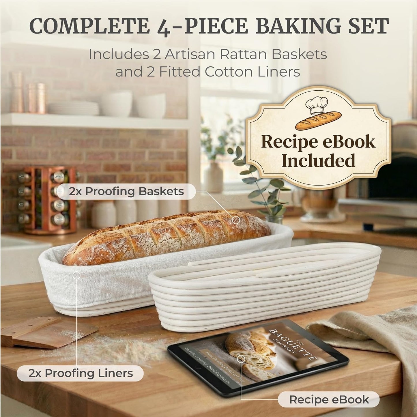 15 Inch Set 2 Baguette Proofing Basket of with Cotton Liners & Baguette Recipe eBook- Handcrafted Natural Rattan
